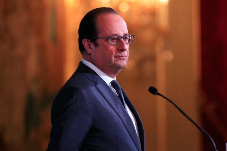 French President Francois Hollande gestures prior to deliver a speech to foreign ambassadors during a ceremony to extend New Year wishes at the Elysee Palace, in Paris, France, 21 January 2016. EPA/THIBAULT CAMUS / POOL MAXPPP OUT