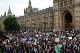 People protest outside Westminster as they protest against the result of the 23 June EU referendum, in London, Britain, 28 June 2016. In the referendum, 51.9 percent voted to leave the European Union (EU).