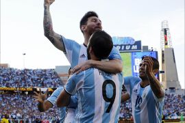 Jun 18, 2016; Foxborough, MA, USA; Argentina midfielder Lionel Messi (10) congratulates Argentina forward Gonzalo Higuain (9) after he assisted on Higuain's goal against the Venezuela during the first half of quarter-final play in the 2016 Copa America Centenario soccer tournament at Gillette Stadium. Mandatory Credit: Winslow Townson-USA TODAY Sports