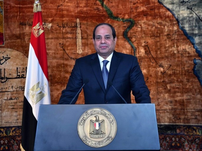 A handout photo made available by the Egyptian Presidency on 24 January 2016 shows Egyptian President Abdel Fattah al-Sissi giving a televised address from the presidential palace in Cairo, Egypt, 24 January 2016, on the eve of the fifth anniversary of the 2011 Egyptian uprising. The protests that began in Egypt on 25 January 2011 forced longtime dictator Hosny Mubarak to step down less than a month later, on 11 February 2011. EPA/EGYPTIAN PRECIDENCY / HANDOUT