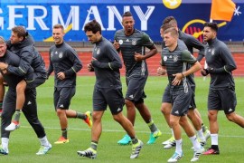 German national soccer team players warm up during their training session at their team hotel in Evian-les-Bains, France, 14 June 2016. Germany will face Poland in the UEFA EURO 2016 group C preliminary round match in Saint-Denis on 15 June 2016.