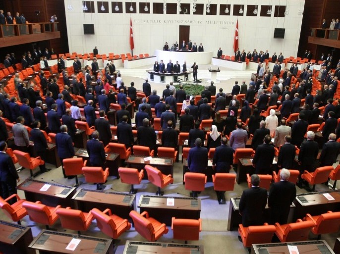 Lawmakers attend an extraordinary assembly at the Turkish Parliament, in Ankara, Turkey, 16 July 2016. Turkish Prime Minister Yildirim reportedly said that the Turkish military was involved in an attempted coup d'etat. The Turkish military meanwhile stated it had taken over control. According to news reports, Turkish President Recep Tayyip Erdogan has denounced the coup attempt as an 'act of treason' and insisted his government remains in charge. Some 104 coup plotters were killed, 90 people - 41 of them police and 47 are civilians - 'fell martrys', after an attempt to bring down the Turkish government, the acting army chief General Umit Dundar said in a televised appearance.