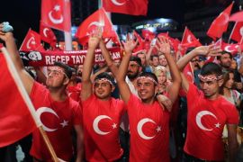 Supporters of Turkish President Recep Tayyip Erdogan shout slogans against the failed coup attempt as they hold Turkish flags, during a demonstration at Taksim Square in Istanbu, Turkey, 22 July 2016. Turkish parliament on 21 July formally approved a three-month state of emergency declared by Turkish President Erdogan. The 15 June's failed coup attempt's aftermath was followed by the dismissal of 50,000 workers and the arrest of 8,000 people. At least 290 people were killed and almost 1,500 injured amid violent clashes on 15 July as certain military factions attempted to stage a coup d'etat. The UN and various governments and organizations have urged Turkey to uphold the rule of law and to defend human rights.