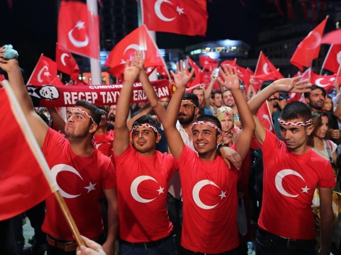 Supporters of Turkish President Recep Tayyip Erdogan shout slogans against the failed coup attempt as they hold Turkish flags, during a demonstration at Taksim Square in Istanbu, Turkey, 22 July 2016. Turkish parliament on 21 July formally approved a three-month state of emergency declared by Turkish President Erdogan. The 15 June's failed coup attempt's aftermath was followed by the dismissal of 50,000 workers and the arrest of 8,000 people. At least 290 people were killed and almost 1,500 injured amid violent clashes on 15 July as certain military factions attempted to stage a coup d'etat. The UN and various governments and organizations have urged Turkey to uphold the rule of law and to defend human rights.