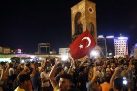 Supporters of President of Turkey Recep Tayyip Erdogan shout slogans at the Taksim Square in Istanbul, Turkey, 16 July 2016. Turkish Prime Minister Yildirim reportedly said that the Turkish military was involved in an attempted coup d'etat. The Turkish military meanwhile stated it had taken over control.