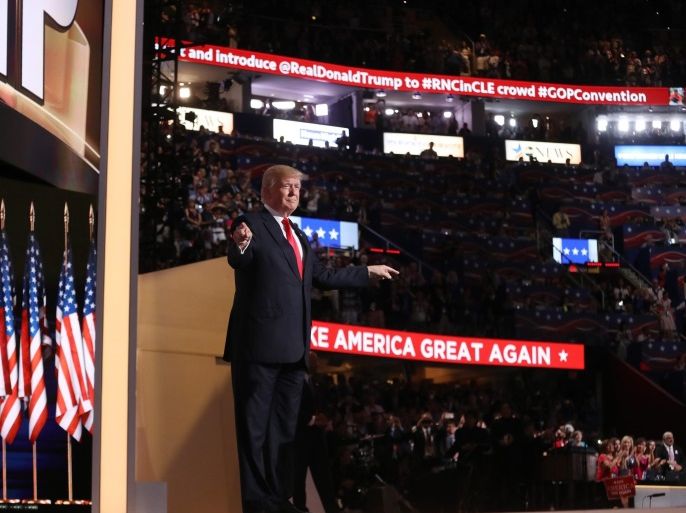Donald Trump arrives to deliver his address during the final day of the 2016 Republican National Convention at Quicken Loans Arena in Cleveland, Ohio, USA, 21 July 2016. The four-day convention is expected to end with Donald Trump formally accepting the nomination of the Republican Party as their presidential candidate in the 2016 election.
