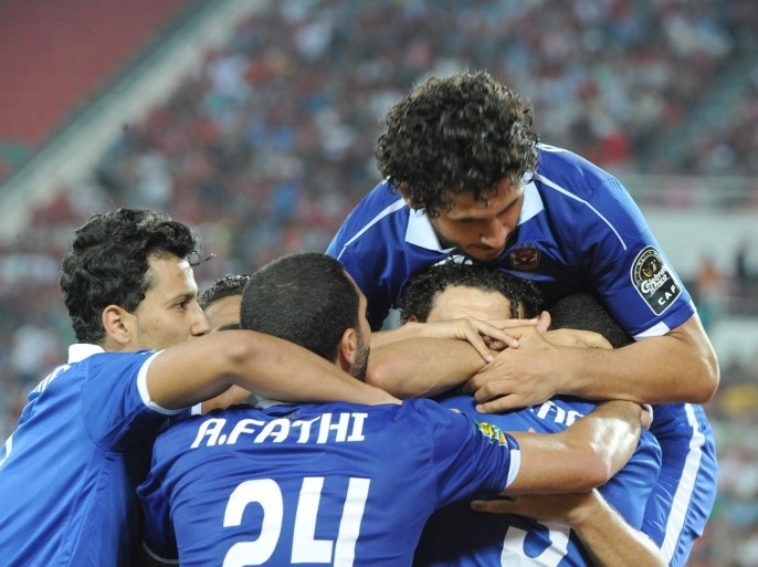 Al-Ahly's players celebrated their only goal during their CAF Champions League group A stage soccer match between Egypt's Al-Ahly and Morocco's Wydad Casablanca at Prince Moulay Abdellah Stadium in Rabat, Morocco, on 27 July 2016. Al-Ahly won 1-0.