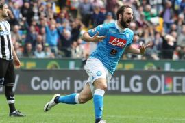 Napoli's Gonzalo Higuain jubilates after scoring the goal during the Italian Serie A soccer match Udinese Calcio vs SSC Napoli at Friuli stadium in Udine, Italy, 03 April 2016.