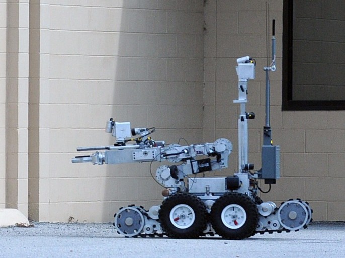 A handout picture provided by the US Defence Video Imagery Distribution System (DVIDS) on 10 July 2016 shows a Remotec Andros F-6A bomb-disposal robot during an active shooter exercise by the xplosive Ordnance Disposal Mobile Unit (EODMU) 6, Detachment Mayport, in Mayport, Florida, USA, 22 February 2013. Five police officers were killed, and at least 9 injured, inlcuding two civilians, when shots were fired during a protest rally in downtown Dallas on 07 July 2016, offi