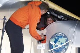 Andre Borschberg (L), Swiss Pilot and co-founder of the Solar Impulse project, welcomes Swiss Pilot Bertrand Piccard (R), initiator and chairman of the Solar Impulse project, after the Solar Impulse 2 aircraft landed in Abu Dhabi, United Arab Emirates, 26 July 2016. The 1,956 km flight from Cairo, Egypt, to Abu Dhabi was the last leg of the round-the-world flight of the Swiss long-range experimental solar-powered aircraft. The 17 legs and 35,000 km long journey around t