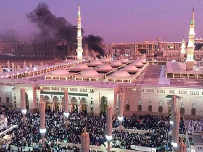 A handout photograph made available by the Saudi Press Agency (SPA) on 04 July 2016 shows the Prophet Mohammed Mosque with smoke rising in the background in the holy city of Medina, in Saudi Arabia, 04 July 2016. Media reports state that an apparent suicide bomber detonated a device at the second holiest site in Islam. Other explosions were also reported from sites in Jeddah and Qatif earlier the same day, which is the last day of the Muslim's Holy Month of Ramadan. E