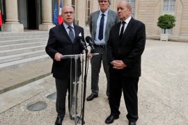 French Defence minister Jean-Yves Le Drian, French Interior Minister Bernard Cazeneuve and French Agriculture Minister and Government spokesperson Stephane Le Foll (R) talk to the media at the Elysee Palace after a weekly cabinet meeting in Paris, France, July 27, 2016. REUTERS/Benoit Tessier