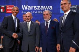 U.S. President Barack Obama (L) shakes hands with Afghanistan's President Ashraf Ghani next to NATO Secretary General Jens Stoltenberg (R) and Afghanistan's Chief Executive Abdullah Abdullah at the NATO Summit in Warsaw, Poland July 9, 2016. REUTERS/Kacper Pempel TPX IMAGES OF THE DAY