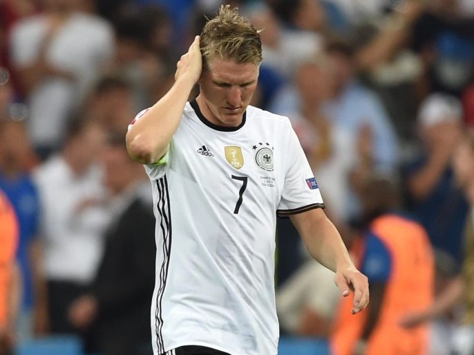 Bastian Schweinsteiger of Germany reacts during the UEFA EURO 2016 semi final match between Germany and France at Stade Velodrome in Marseille, France, 07 July 2016.(RESTRICTIONS APPLY: For editorial news reporting purposes only. Not used for commercial or marketing purposes without prior written approval of UEFA. Images must appear as still images and must not emulate match action video footage. Photographs published in online publications (whether via the Internet or otherwise) shall have an interval of at least 20 seconds between the posting.) EPA/PETER POWELL