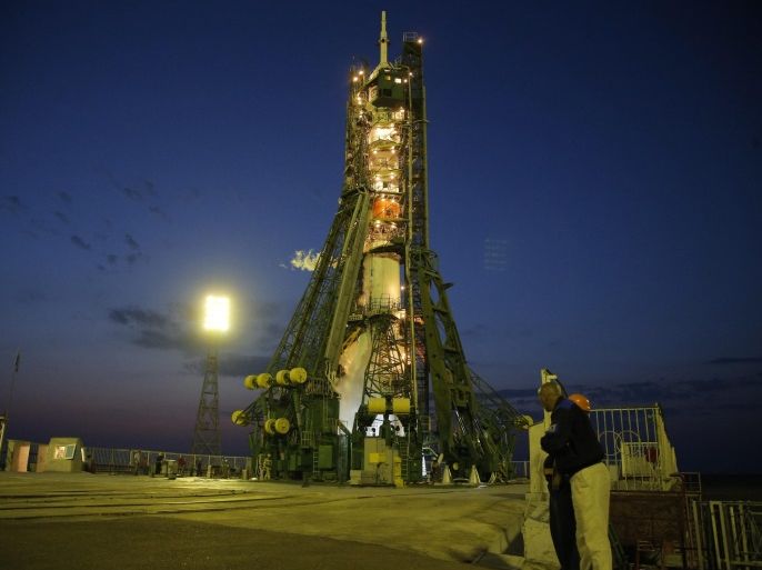 The Soyuz-FG rocket booster with Soyuz MS-01 spaceship carrying a new crew to the International Space Station (ISS), is seen prior to the launch at the Russian leased Baikonur cosmodrome, Kazakhstan, early 07 July 2016. The launch of the Soyuz MS-01 spacecraft will send NASA astronaut Kate Rubins, Russian cosmonaut Anatoly Ivanishin and Japanese astronaut Takuya Onishi of the Japan Aerospace Exploration Agency (JAXA) on a four-month mission aboard the International Spac
