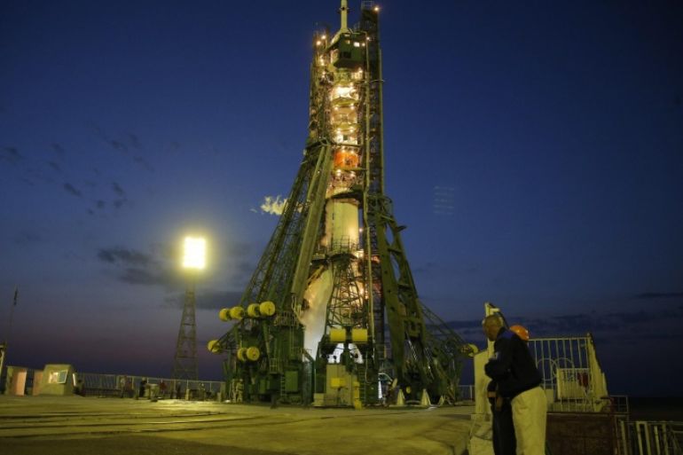 The Soyuz-FG rocket booster with Soyuz MS-01 spaceship carrying a new crew to the International Space Station (ISS), is seen prior to the launch at the Russian leased Baikonur cosmodrome, Kazakhstan, early 07 July 2016. The launch of the Soyuz MS-01 spacecraft will send NASA astronaut Kate Rubins, Russian cosmonaut Anatoly Ivanishin and Japanese astronaut Takuya Onishi of the Japan Aerospace Exploration Agency (JAXA) on a four-month mission aboard the International Spac