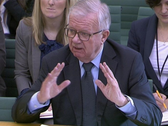 John Chilcot, the head of the inquiry into the Iraq war answers questions from the Foreign Affairs select committee in the Houses of Parliament, in London, February 4, 2015. Long delays in the publication of Britain's official inquiry into the Iraq war were unavoidable due to its complexity, the head of the inquiry, former civil servant John Chilcot, told a parliamentary committee on Wednesday. Announced in 2009, the report investigating the U.S.-led invasion of Iraq a