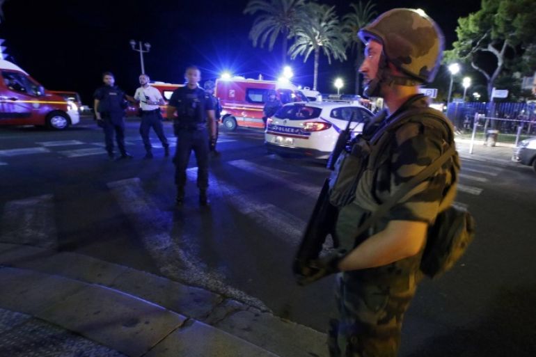 French soldiers cordon the area after at least 30 people were killed in Nice, France, when a truck ran into a crowd celebrating the Bastille Day national holiday July 14, 2016. REUTERS/Eric Gaillard