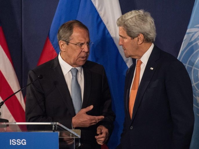 Russian Foreign Minister Sergei Lavrov (L) and US Secretary of State John Kerry talk as they attend a press conference during meeting of the International Syria Support Group (ISSG) at the Palais Niederssterreich building in Vienna, Austria, 17 May 2016. Chief diplomats from about 20 countries are holding crisis talks on Syria in ths Austrian capital to discuss a ceasefire process and political settlement.