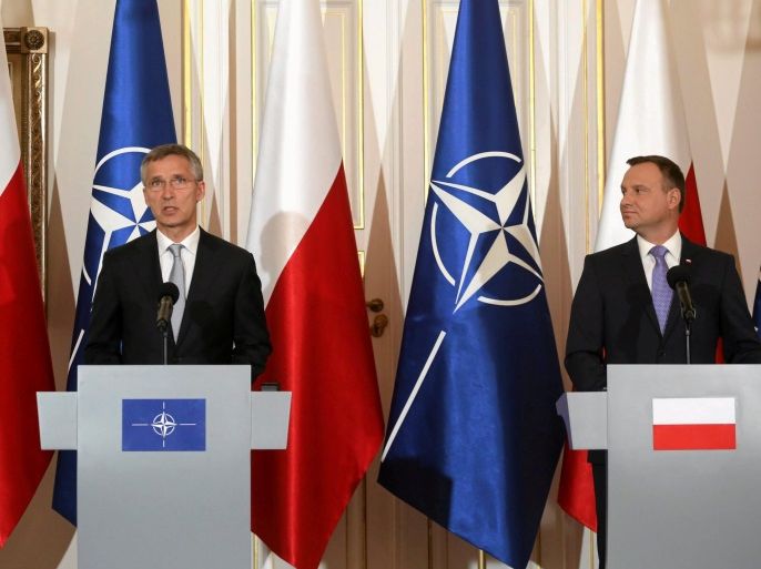 NATO Secretary-General Jens Stoltenberg and Poland's President Andrzej Duda speak during a news conference during their meeting at Belvedere Palace, a day ahead of the NATO Summit in Warsaw, Poland, July 7, 2016. Agencja Gazeta/Agata Grzybowska/via Reuters ATTENTION EDITORS - THIS IMAGE WAS PROVIDED BY A THIRD PARTY. EDITORIAL USE ONLY. POLAND OUT. NO COMMERCIAL OR EDITORIAL SALES IN POLAND.