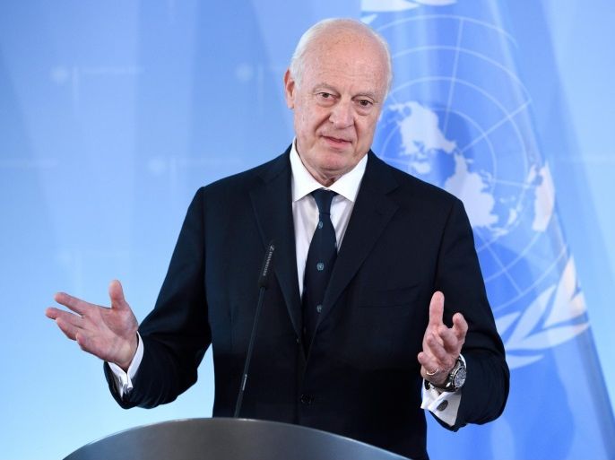 Staffan de Mistura, the United Nations envoy to Syria, and German Foreign Minister Frank-Walter Steinmeier (not pictured) speak to the press at the Foreign Offfice in Berlin, Germany, 22 July 2016. De Mistura and Steinmeier met for talks on the Syria situation and continuous peace efforts at the Geneva peace talks.