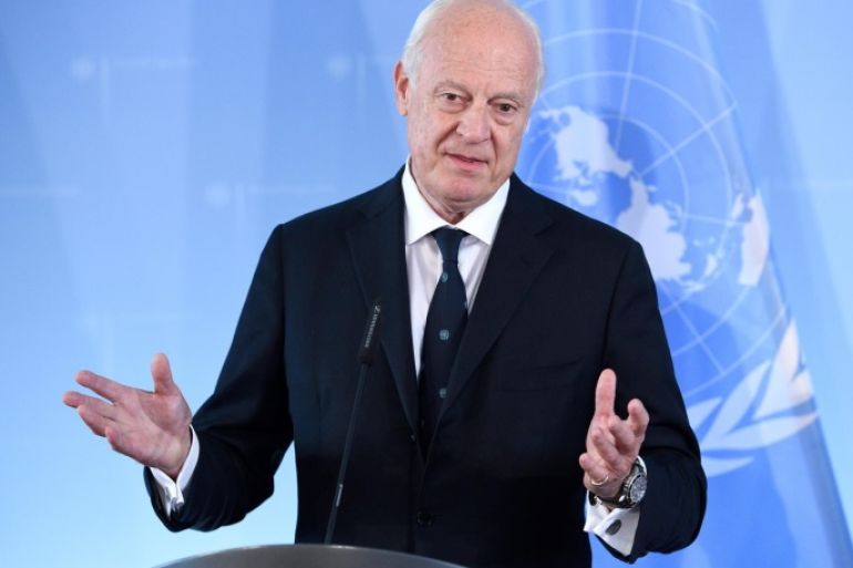 Staffan de Mistura, the United Nations envoy to Syria, and German Foreign Minister Frank-Walter Steinmeier (not pictured) speak to the press at the Foreign Offfice in Berlin, Germany, 22 July 2016. De Mistura and Steinmeier met for talks on the Syria situation and continuous peace efforts at the Geneva peace talks.