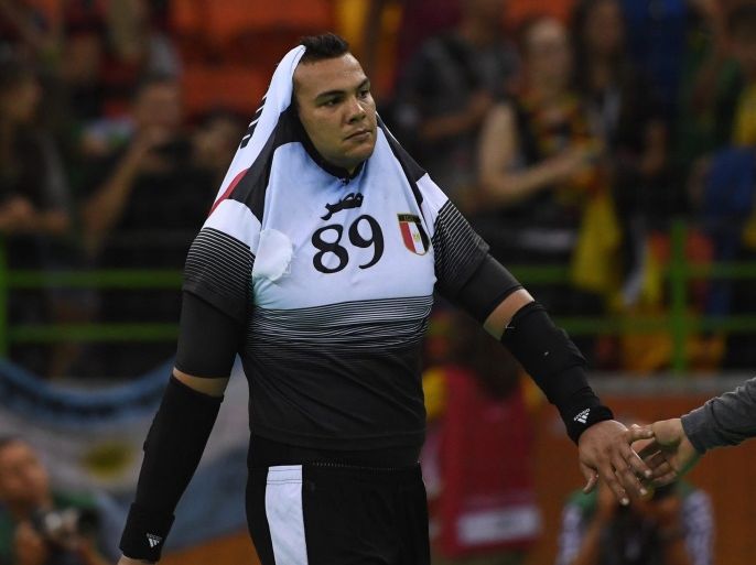 Egypt's Mohamed Shebib reacts after their loss in the men's preliminary round handball match between Germany and Egypt of the Rio 2016 Olympic Games at the Future Arena in the Olympic Park in Rio de Janeiro, Brazil, 15 August 2016.