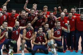 USA players celebrate after defeating Russia in Men's Volleyball Bronze medal match between Russia and USA at Maracanazinho indoor arena in Rio de Janeiro, Brazil, 21 August 2016.