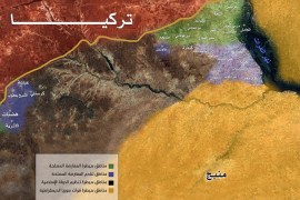 خريطة لمناطق السيطرة الموضحة بالألوان وبعض المدن والقرى المهمة سوريا
