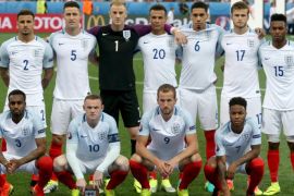 The starting squad of England pose for photographs before the UEFA EURO 2016 round of 16 match between England and Iceland at Stade de Nice in Nice, France, 27 June 2016.(RESTRICTIONS APPLY: For editorial news reporting purposes only. Not used for commercial or marketing purposes without prior written approval of UEFA. Images must appear as still images and must not emulate match action video footage. Photographs published in online publications (whether via the Interne
