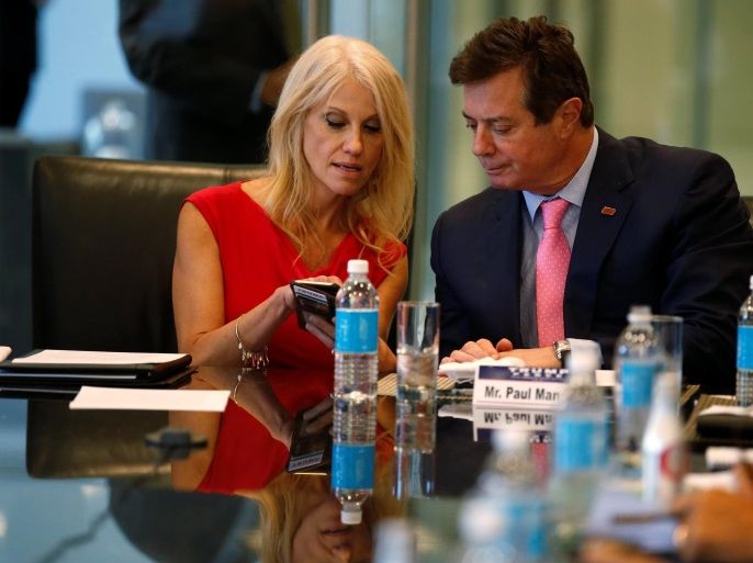 Campaign Manager Kellyanne Conway (L) and Paul Manafort, staff of Republican presidential nominee Donald Trump, speak during a round table discussion on security at Trump Tower in the Manhattan borough of New York, U.S., August 17, 2016. REUTERS/Carlo Allegri