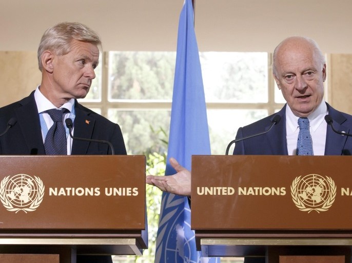 Staffan de Mistura (R), UN Special Envoy of the Secretary-General for Syria, stands next to Jan Egeland (L), Senior Advisor to the United Nations Special Envoy for Syria, as he informs the media during a press stakeout following a meeting of the International Syria Support Group's Humanitarian Access Task Force, at the European headquarters of the United Nations in Geneva, Switzerland, 11 August 2016.