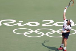 Andy Murray of Great Britain in action against Juan Monaco of Argentina during the men's singles match of the Rio 2016 Olympic Games Tennis events at the Olympic Tennis Centre in the Olympic Park in Rio de Janeiro, Brazil, 09 August 2016.