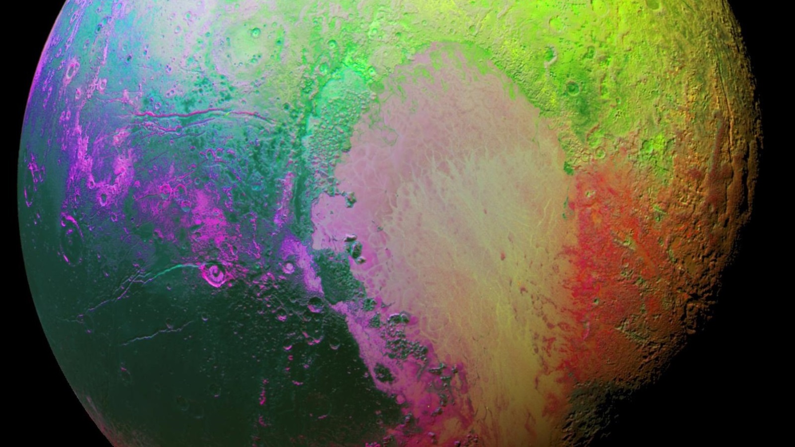 ‪خريطة ملونة لسطح بلوتو وضعتها ناسا لتوضيح تضاريس الكوكب‬ (رويترز)
