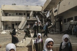 A picture made available on 03 June 2016 showing Students of al-Munadhil school for girls walk at the school court during a break, the school has been bombed by the Saudi Arabia-led coalition during raids in Saada city, Yemen, 18 April 2016. The northern city has been extensively bombed as the entire Saada Governorate was declared a military target.