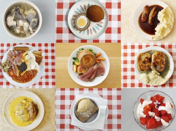 Jellied eels (top row L-R), scotch eggs, bangers and mash (middle row L-R), a full English breakfast, roast beef and yorkshire pudding, pie and mash in liquor, crumble and custard (bottom row L-R), bread and butter pudding and strawberries and cream are seen in this combination photograph taken June 13, 2012. A menu of oddly named and sometimes oddly tasting traditional British dishes awaits adventurous diners visiting London for the Olympic Games this summer. REUTERS/Suzanne Plunkett (BRITAIN - Tags: FOOD SPORT OLYMPICS TPX IMAGES OF THE DAY) ATTENTION EDITORS: PICTURE 1 24 FOR PACKAGE 'GREAT BRITISH 'SEARCH 'GREAT BRITISH ' FOR ALL