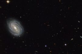 An undated handout picture made available by NASA on 08 September 2014 shows a NASA and European Space Agency (ESA) Hubble Space Telescope image of a spiral galaxy known as PGC 54493, located in the constellation of Serpens (The Serpent). This galaxy is part of a galaxy cluster that has been studied by astronomers exploring an intriguing phenomenon known as weak gravitational lensing. This effect, caused by the uneven distribution of matter (including dark matter) throu