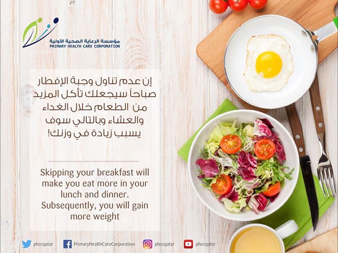سنابشوت من مؤسسة الرعاية الصحية الاولية في قطر على الفيسبوك، عدم تناول الافطار يؤدي لزيادة الوزن