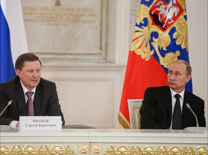 Russian Presidential Chief of Staff Sergei Ivanov (L) and Russian President Vladimir Putin (R) attend a meeting of the Russian Pobeda (Victory) Organizing Committee in the Kremlin in Moscow, Russia, 17 March 2015. The meeting focuses on preparations for celebrating the 70th anniversary of the Great Victory in World War II, observed 09 May.