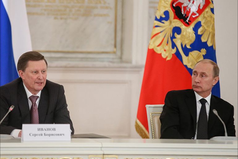 Russian Presidential Chief of Staff Sergei Ivanov (L) and Russian President Vladimir Putin (R) attend a meeting of the Russian Pobeda (Victory) Organizing Committee in the Kremlin in Moscow, Russia, 17 March 2015. The meeting focuses on preparations for celebrating the 70th anniversary of the Great Victory in World War II, observed 09 May.