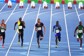 Usain Bolt of Jamaica (2-L), Justin Gatlin of the USA (R), Andre de Grasse of Canada (L), and Jimmy Vicaut of France (2-R) in action during the men's 100m final race of the Rio 2016 Olympic Games Athletics, Track and Field events at the Olympic Stadium in Rio de Janeiro, Brazil, 14 August 2016. EPA/DEAN LEWINS AUSTRALIA AND NEW ZEALAND OUT