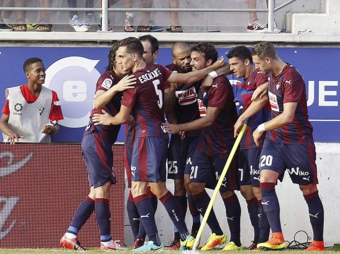 UD Eibar's midfielder Pedro Leon (3R) jubilates with his team mates his goal against Valencia FC during the Primera Division match played at Ipurua's stadium in Eibar, Basque Country, Spain on 27 August 2016.