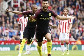 Britain Soccer Football - Stoke City v Manchester City - Premier League - bet365 Stadium - 20/8/16 Manchester City's Sergio Aguero celebrates scoring their first goal Action Images via Reuters / Carl Recine Livepic EDITORIAL USE ONLY. No use with unauthorized audio, video, data, fixture lists, club/league logos or "live" services. Online in-match use limited to 45 images, no video emulation. No use in betting, games or single club/league/player publications. Please c