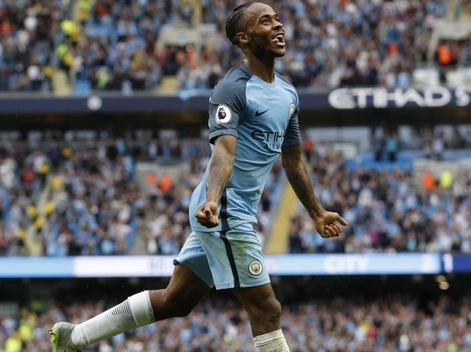 Football Soccer Britain - Manchester City v West Ham United - Premier League - Etihad Stadium - 28/8/16 Manchester City's Raheem Sterling celebrates scoring their third goal Reuters / Darren Staples Livepic EDITORIAL USE ONLY. No use with unauthorized audio, video, data, fixture lists, club/league logos or "live" services. Online in-match use limited to 45 images, no video emulation. No use in betting, games or single club/league/player publications. Please contact y