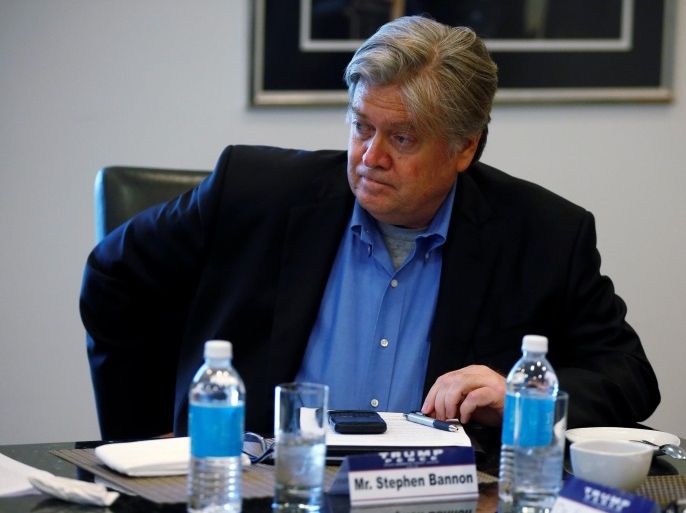 Campaign CEO Stephen Bannon listens during Republican presidential nominee Donald Trump's round table discussion on security at Trump Tower in the Manhattan borough of New York, U.S., August 17, 2016. REUTERS/Carlo Allegri