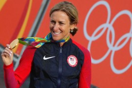 Kristin Armstrong of the USA poses with her gold medal on the podium after winning the women's Individual Time Trial of the Rio 2016 Olympic Games Road Cycling events at Pontal in Rio de Janeiro, Brazil, 10 August 2016.
