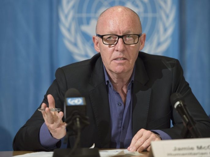 UN Humanitarian Coordinator in Yemen, Jamie McGoldrick, speaks during a press conference about the Humanitarian situation in Yemen, at the European headquarters of the United Nations, in Geneva, Switzerland, 02 June 2016.