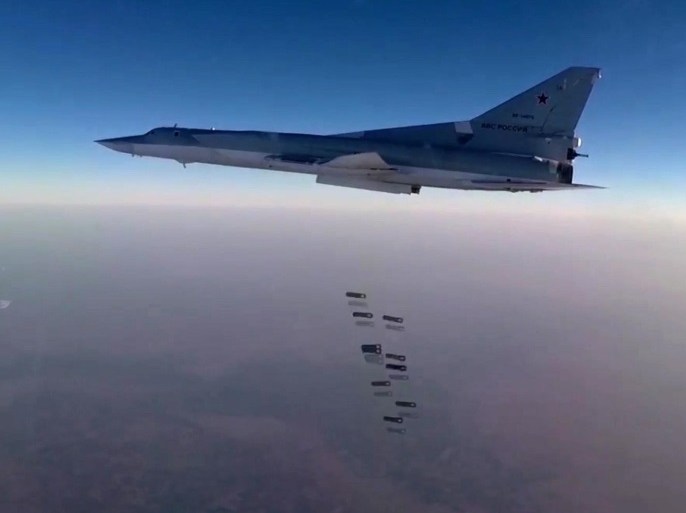 A frame grab from video footage released on the official website of the Russian Defence Ministry on 14 August 2016 shows a Russian TU-22M3 long-range strategic bomber dropping bombs, reportedly at targets in the districts of city of Dayr al-Zawr in Syria. Six Russian TU-22M3 were reported to have carried out airstrikes against targets of the so-called 'Islamic State' in districts of the Syrian city of Dayr al-Zawr. EPA/RUSSIAN DEFENCE MINISTRY PRESS SERVICE / HANDOUT