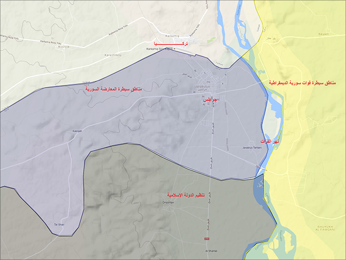 ‪مناطق السيطرة بعد سيطرة قوات المعارضة على جرابلس‬ (الجزيرة)