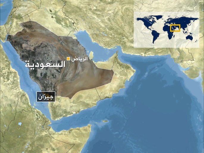 خارطة السعودية موضح عليها مدينة جيزان - أعلن الدفاع المدني السعودي مقتل أربعة أشخاص وإصابة ثلاثة، إثر سقوط قذيفة من داخل الأراضي اليمنية على محافظة "صامطة" التابعة لمنطقة جازان